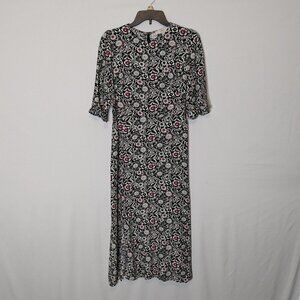 LOFT Black & White Floral, Short Ruffle Sleeve, A-Line Midi Dress; Size 4